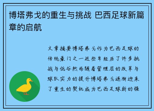 博塔弗戈的重生与挑战 巴西足球新篇章的启航