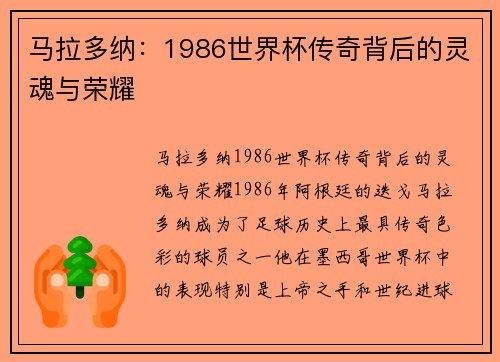 马拉多纳：1986世界杯传奇背后的灵魂与荣耀