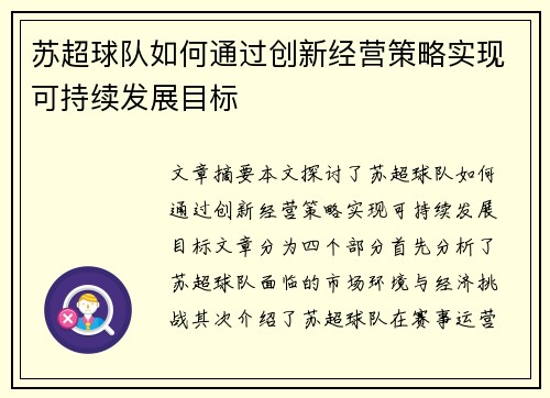 苏超球队如何通过创新经营策略实现可持续发展目标